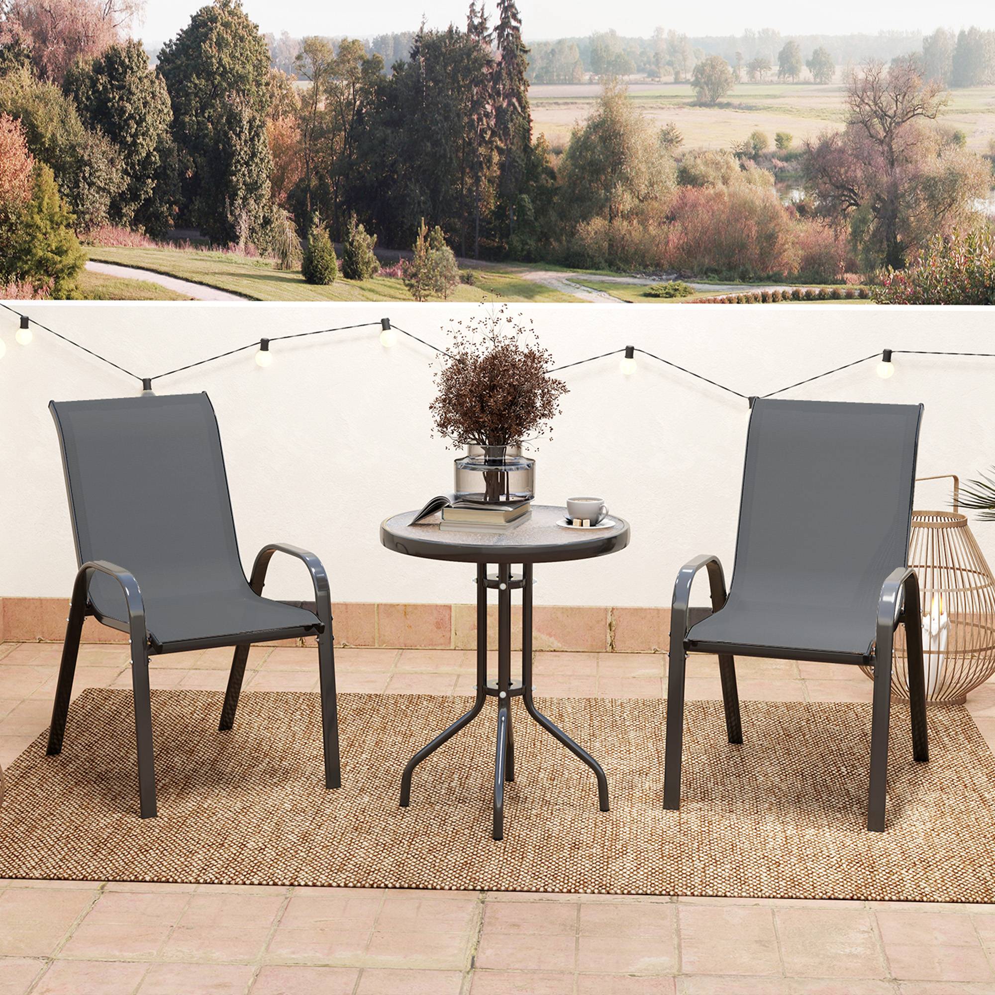 Outsunny - Salon jardin 3 pièces 2 fauteuils empilables table basse verre trempé textilène anthracite - Outsunny - Image 2