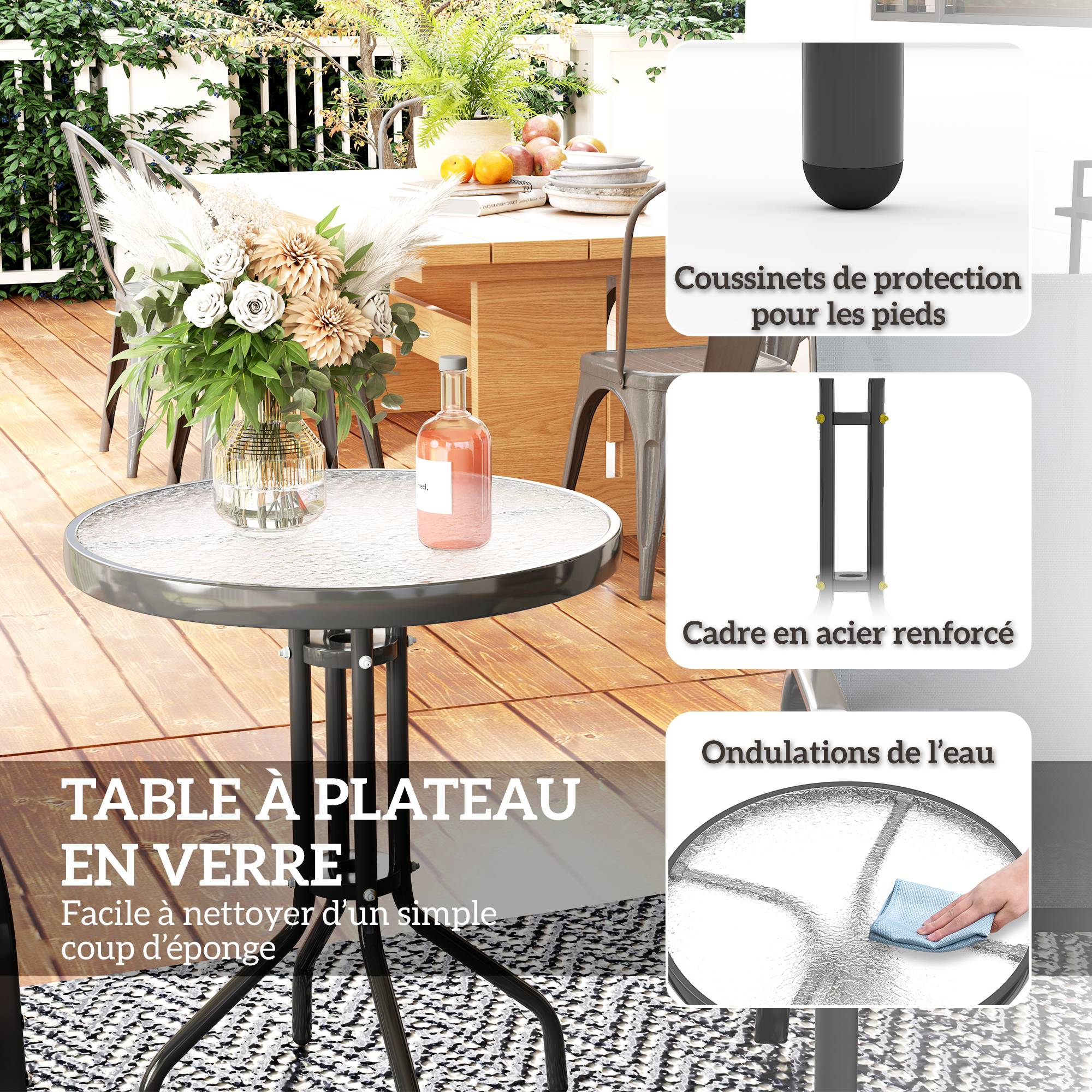 Outsunny - Salon jardin 3 pièces 2 fauteuils empilables table basse verre trempé textilène anthracite - Outsunny - Image 6