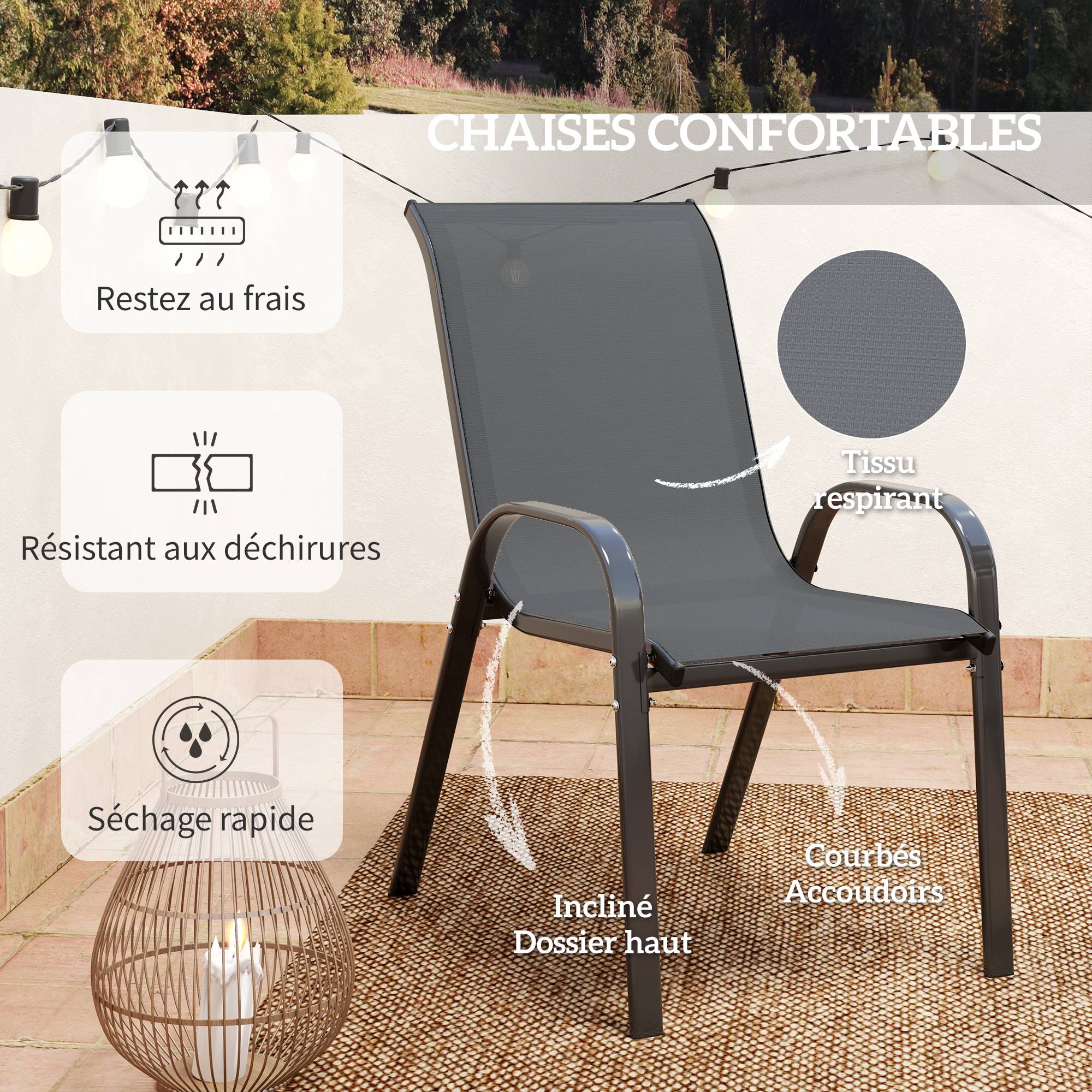 Outsunny - Salon jardin 3 pièces 2 fauteuils empilables table basse verre trempé textilène anthracite - Outsunny - Image 5