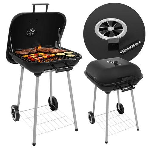 Barbecue  au charbon de bois avec couvercle et étagère, portable sur roues - Image 1