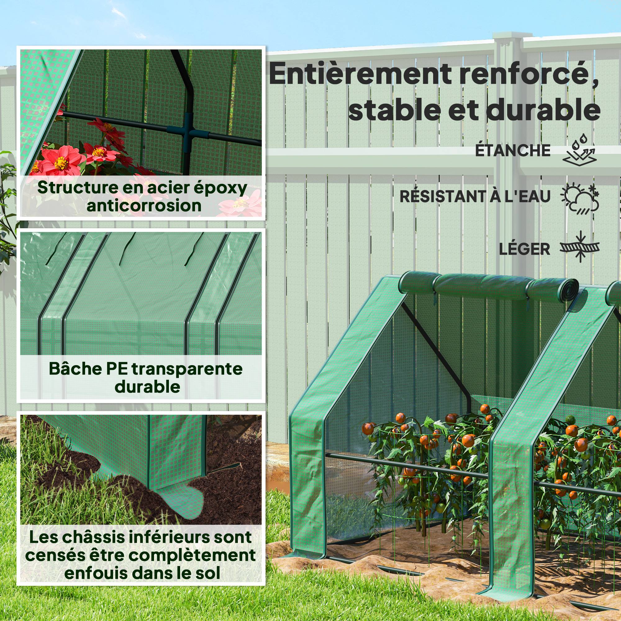ComfortXL - Mini serre tunnel acier et PE 360 x 90 x 90 cm verte potager 4 fenêtres zippées - ComfortXL Outdoor Living - Image 7