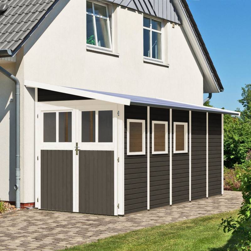 Abri de jardin adossé 8m² bois massif vitrifié gris Wandlitz 5 avec embase Karibu - Image 1