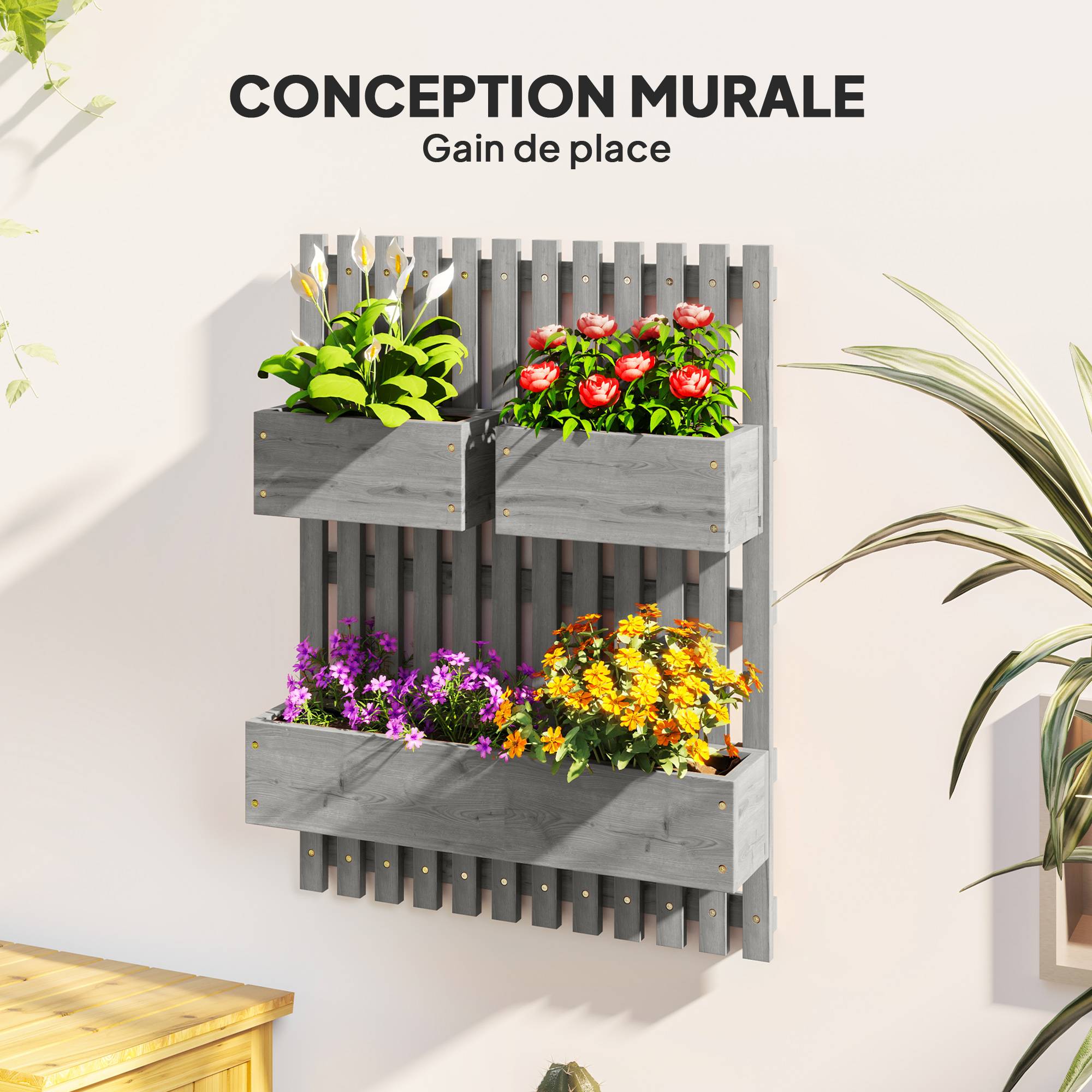 Jardinière murale bois sapin extérieur 3 bacs amovibles treillis 60x16x80cm gris - ComfortXL Outdoor Living - Image 6