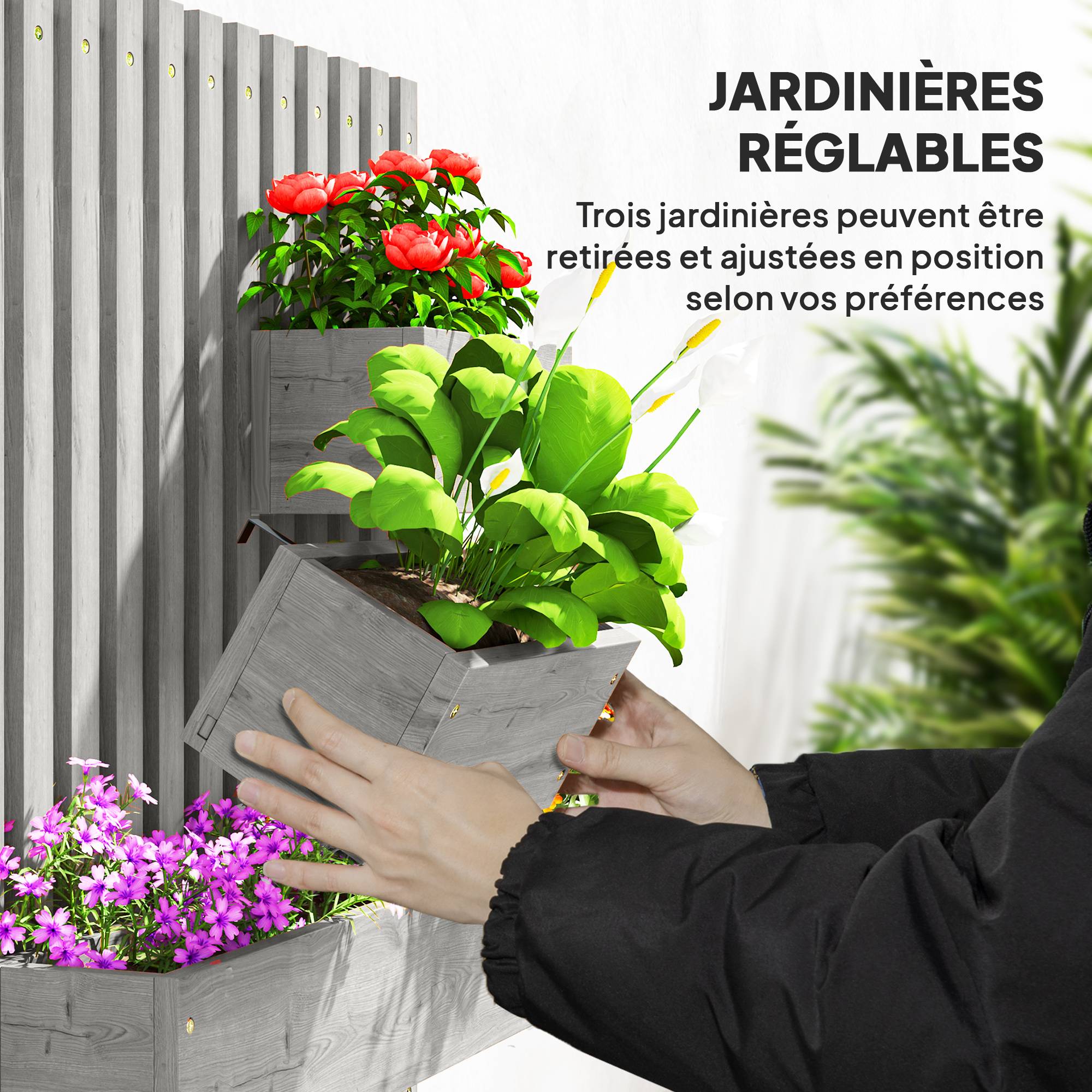 Jardinière murale bois sapin extérieur 3 bacs amovibles treillis 60x16x80cm gris - ComfortXL Outdoor Living - Image 7