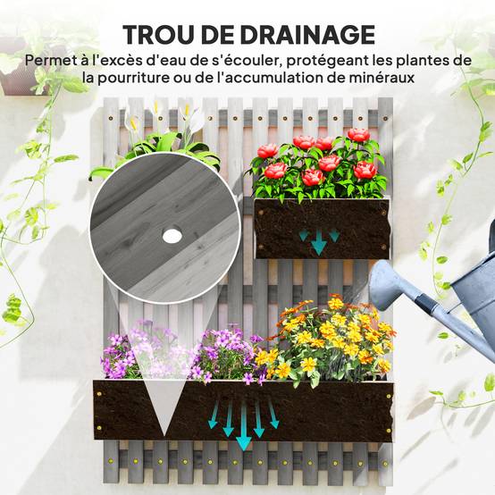 Jardinière murale bois sapin extérieur 3 bacs amovibles treillis 60x16x80cm gris - ComfortXL Outdoor Living - Image 9