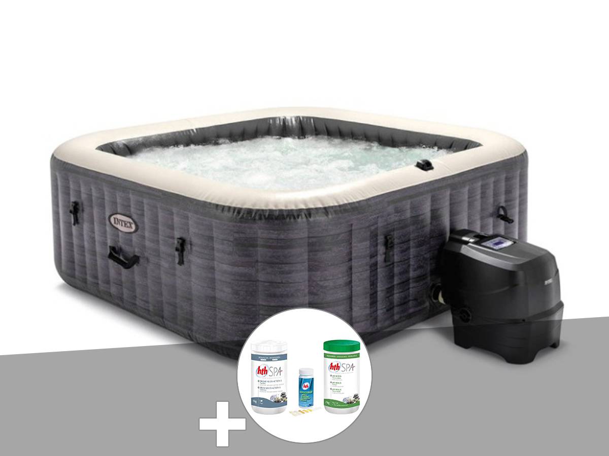 Kit spa gonflable Intex PureSpa Ardoise carré Bulles 6 places + Kit traitement brome - Image 1