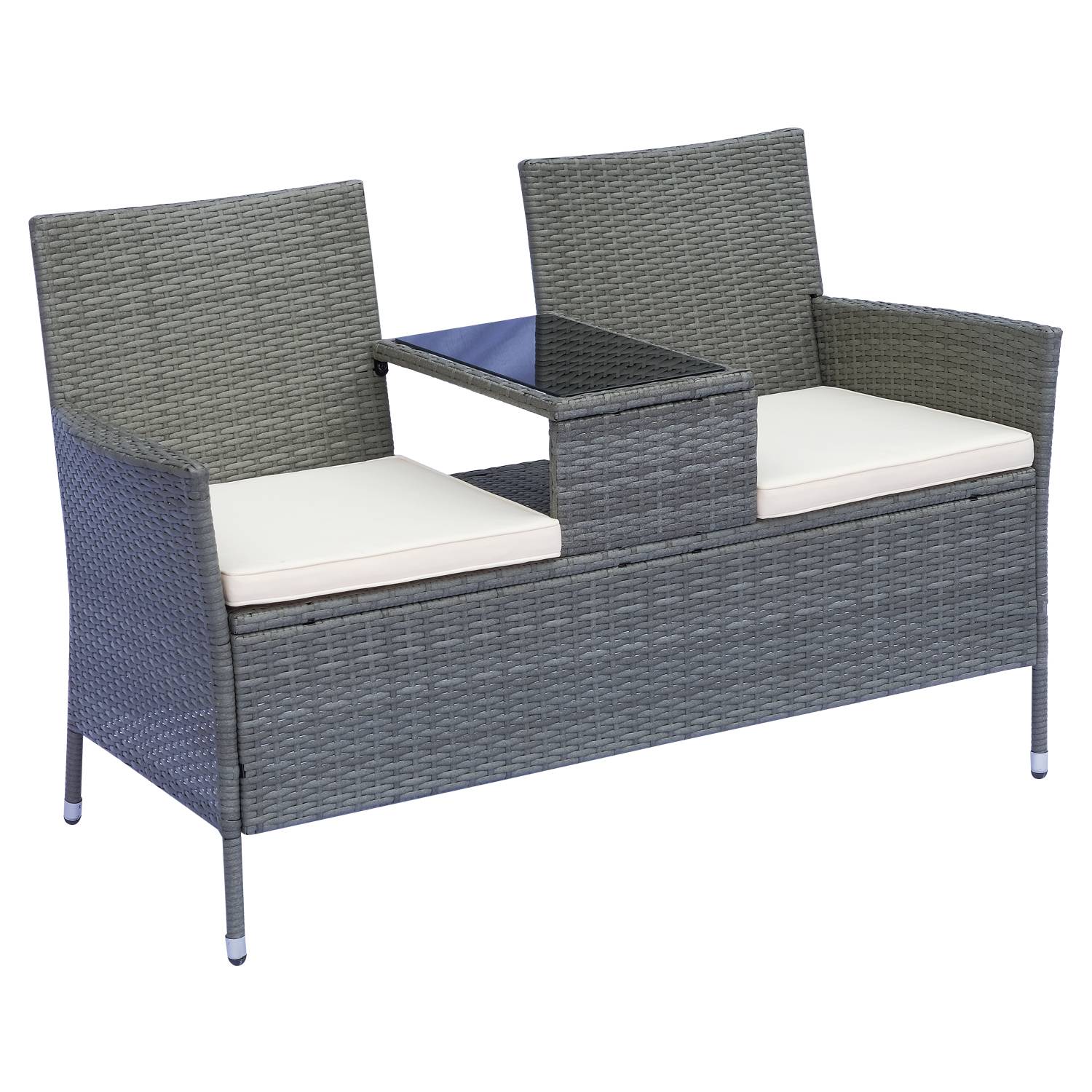 Outsunny - Banc de jardin design contemporain double chaise avec coussins assise + tablette intégrée résine tressée grise polyester crème - Outsunny - Image 1