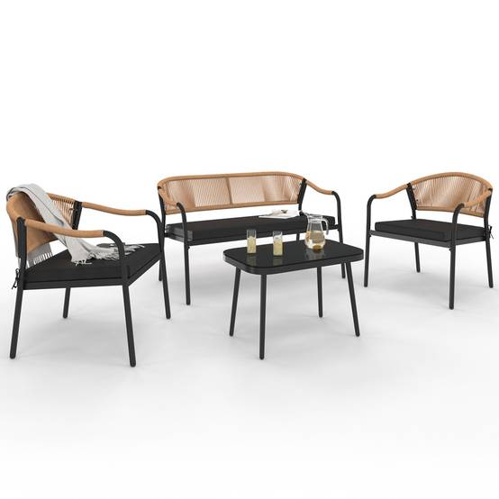 IDMARKET - Salon de jardin bas MADEIRA 4 places structure en métal noir, cordage et coussins noirs - Image 2