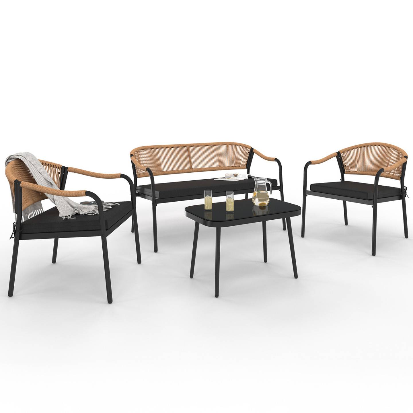 IDMARKET - Salon de jardin bas MADEIRA 4 places structure en métal noir, cordage et coussins noirs - Image 2