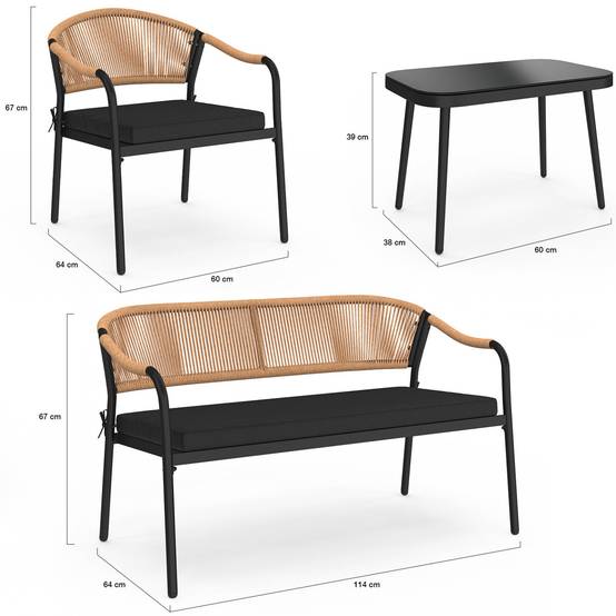 IDMARKET - Salon de jardin bas MADEIRA 4 places structure en métal noir, cordage et coussins noirs - Image 5