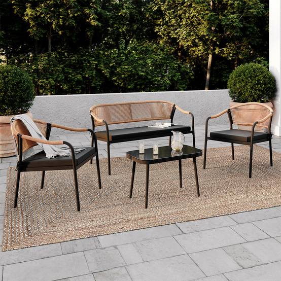IDMARKET - Salon de jardin bas MADEIRA 4 places structure en métal noir, cordage et coussins noirs - Image 1