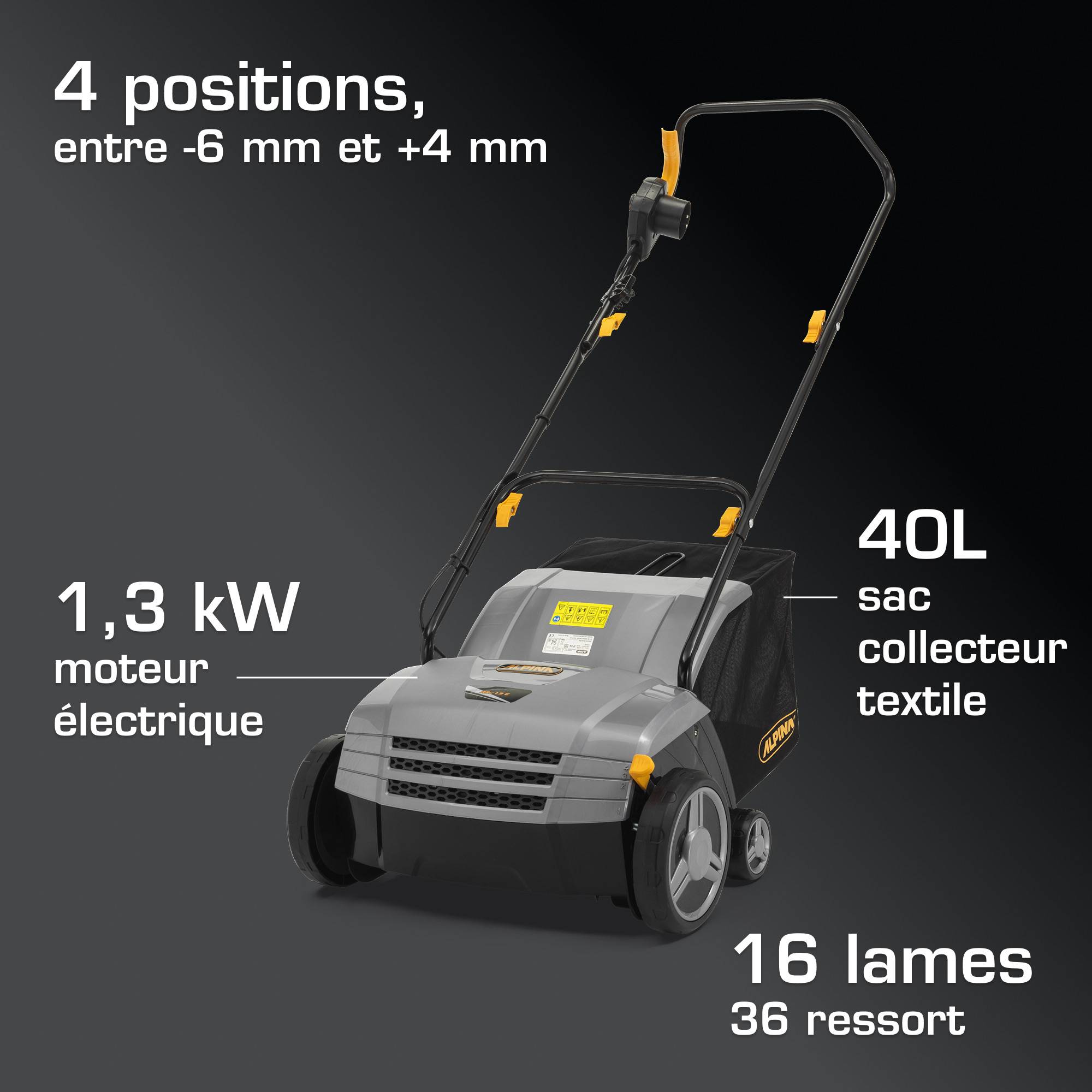 Alpina - Scarificateur ASC 1.3 E, 4 profondeurs réglables, 16 lames ou 36 ressorts, sac 40L - Alpina - Image 5