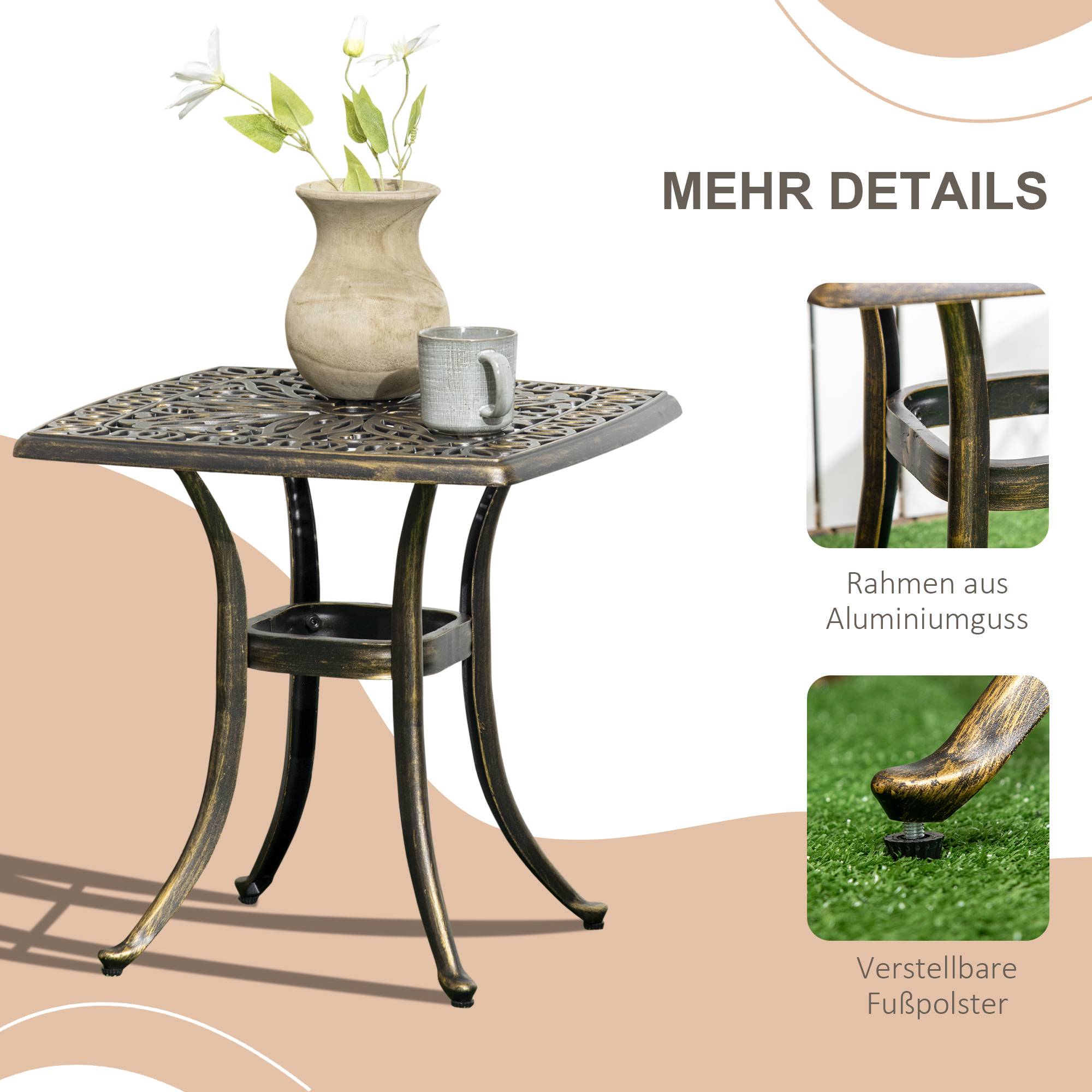 Table de jardin décorative de style vintage, avec trou pour parasol, en aluminium moulé, couleur bronze, 54 x 54 x 52,5 cm - Image 8