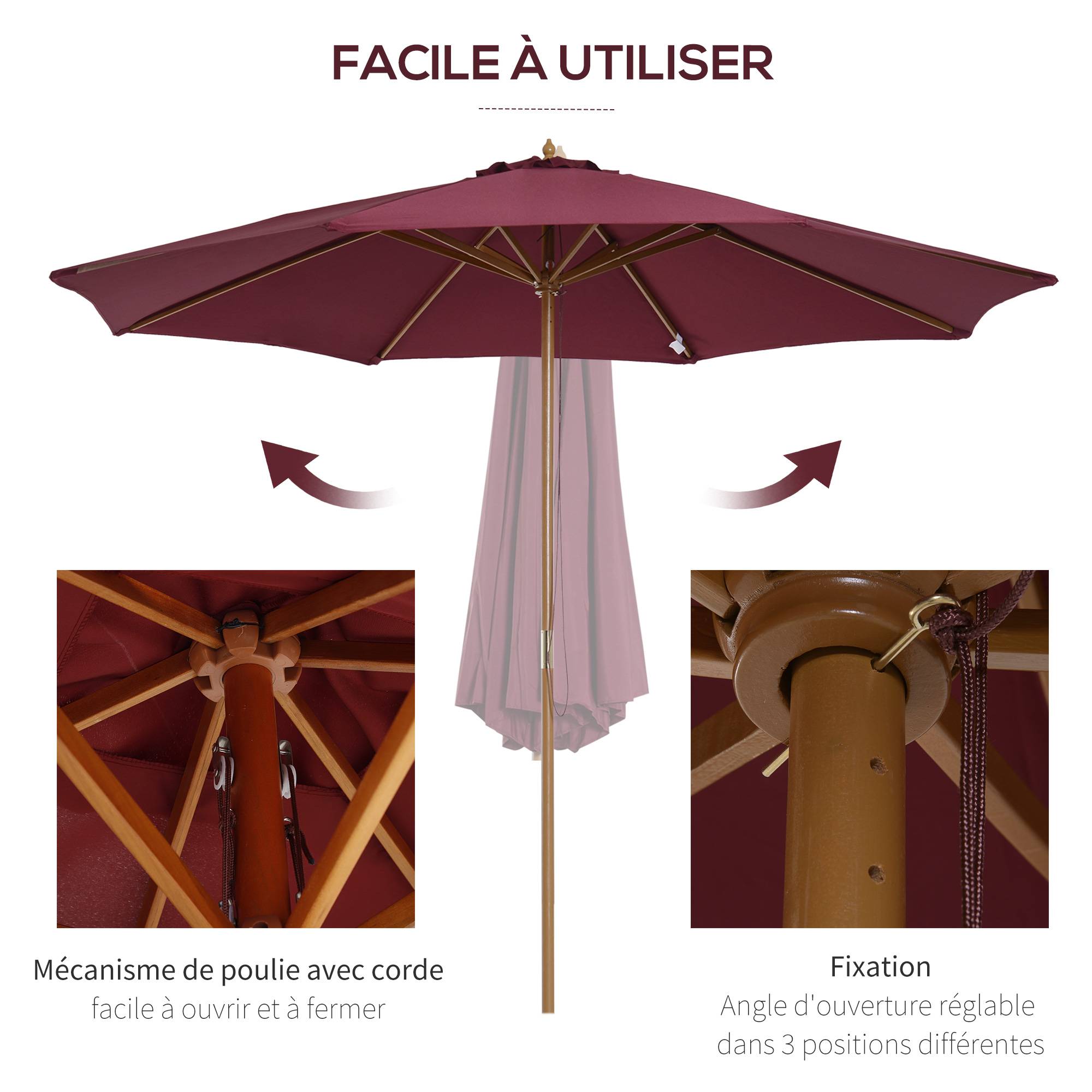 Parasol de jardin parasol droit double toit en bois Anti UV - 300x300x250cm Bois Rouge fr144 - Image 6