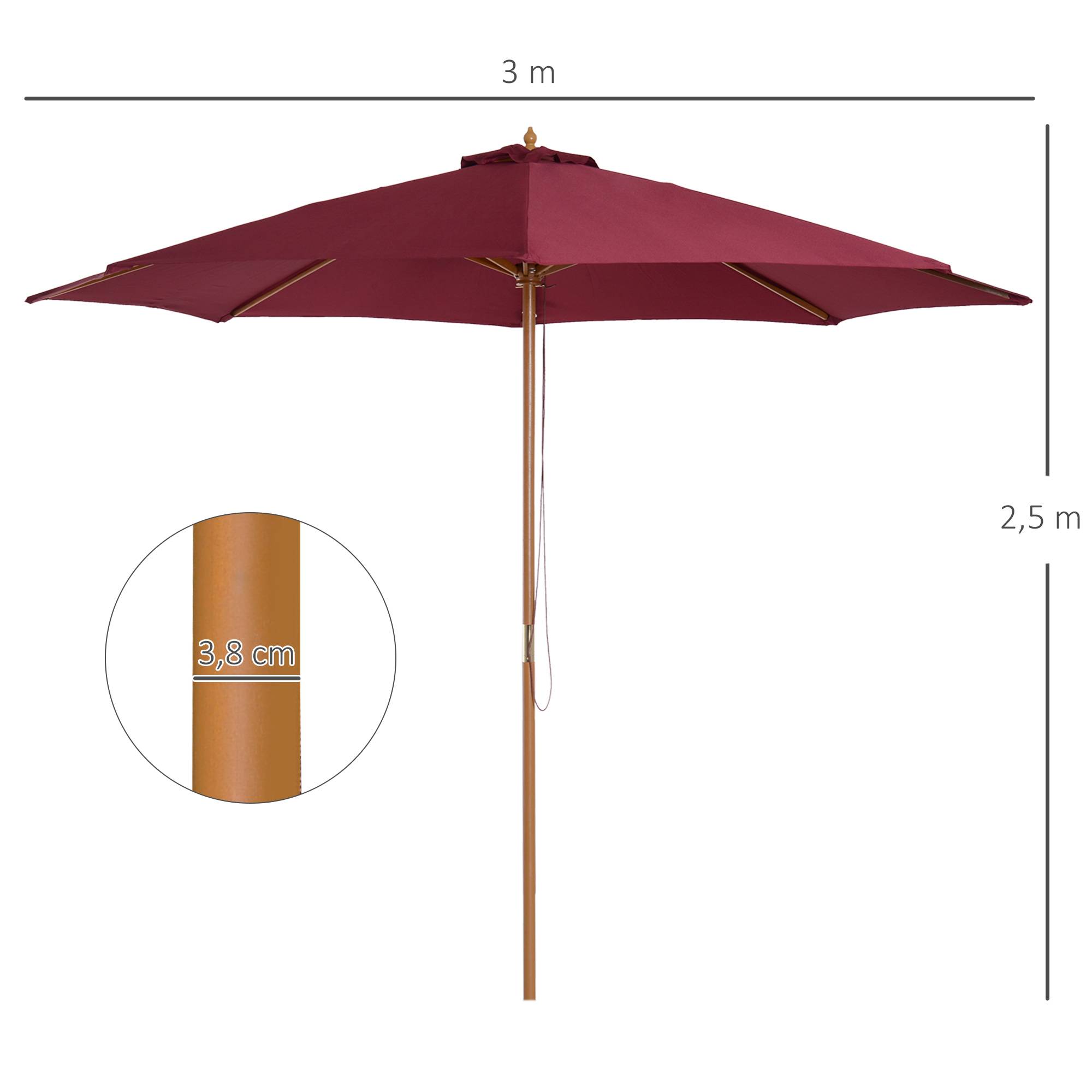 Parasol de jardin parasol droit double toit en bois Anti UV - 300x300x250cm Bois Rouge fr144 - Image 5
