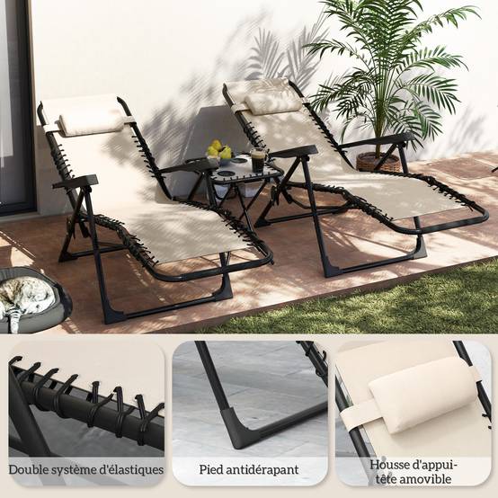 Lot de 2 Chaises Longues Métal Jardin Inclinables avec Table 90x65cm Beige - ComfortXL Outdoor Living - Image 10