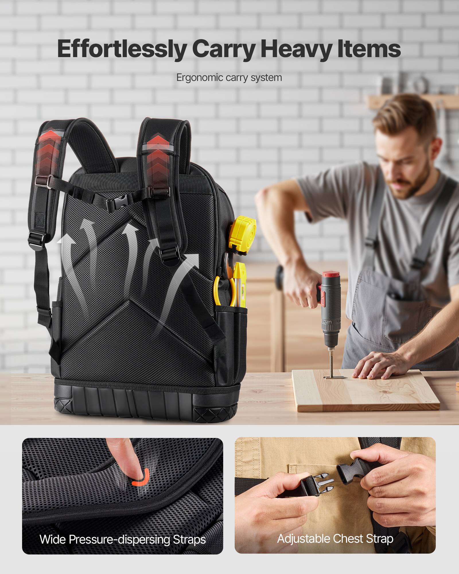 Vevor - VEVOR Sac à dos à outils 37x19,5x52 cm, 65 poches, charge 31,75 kg, base PVC, compartiment PC, sac + trousse 21 pièces pour chantier. - Image 7