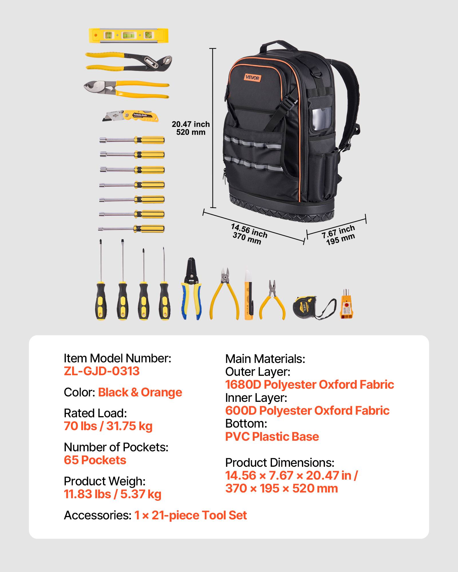 Vevor - VEVOR Sac à dos à outils 37x19,5x52 cm, 65 poches, charge 31,75 kg, base PVC, compartiment PC, sac + trousse 21 pièces pour chantier. - Image 6
