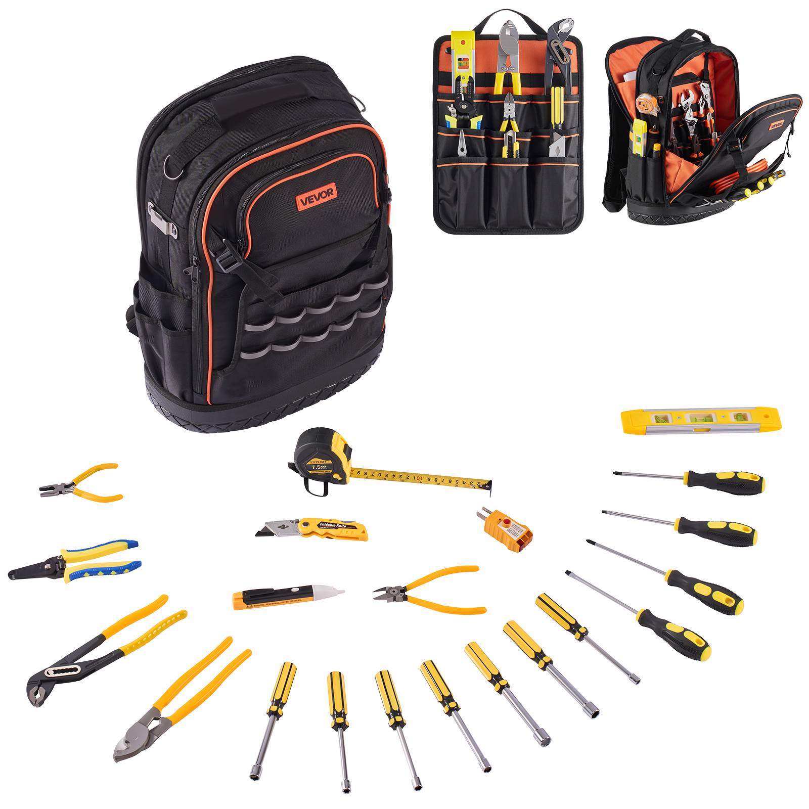 Vevor - VEVOR Sac à dos à outils 37x19,5x52 cm, 65 poches, charge 31,75 kg, base PVC, compartiment PC, sac + trousse 21 pièces pour chantier. - Image 1