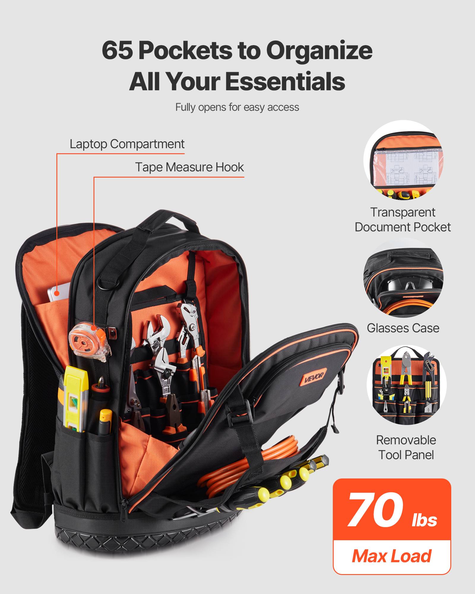 Vevor - VEVOR Sac à dos à outils 37x19,5x52 cm, 65 poches, charge 31,75 kg, base PVC, compartiment PC, sac + trousse 21 pièces pour chantier. - Image 2