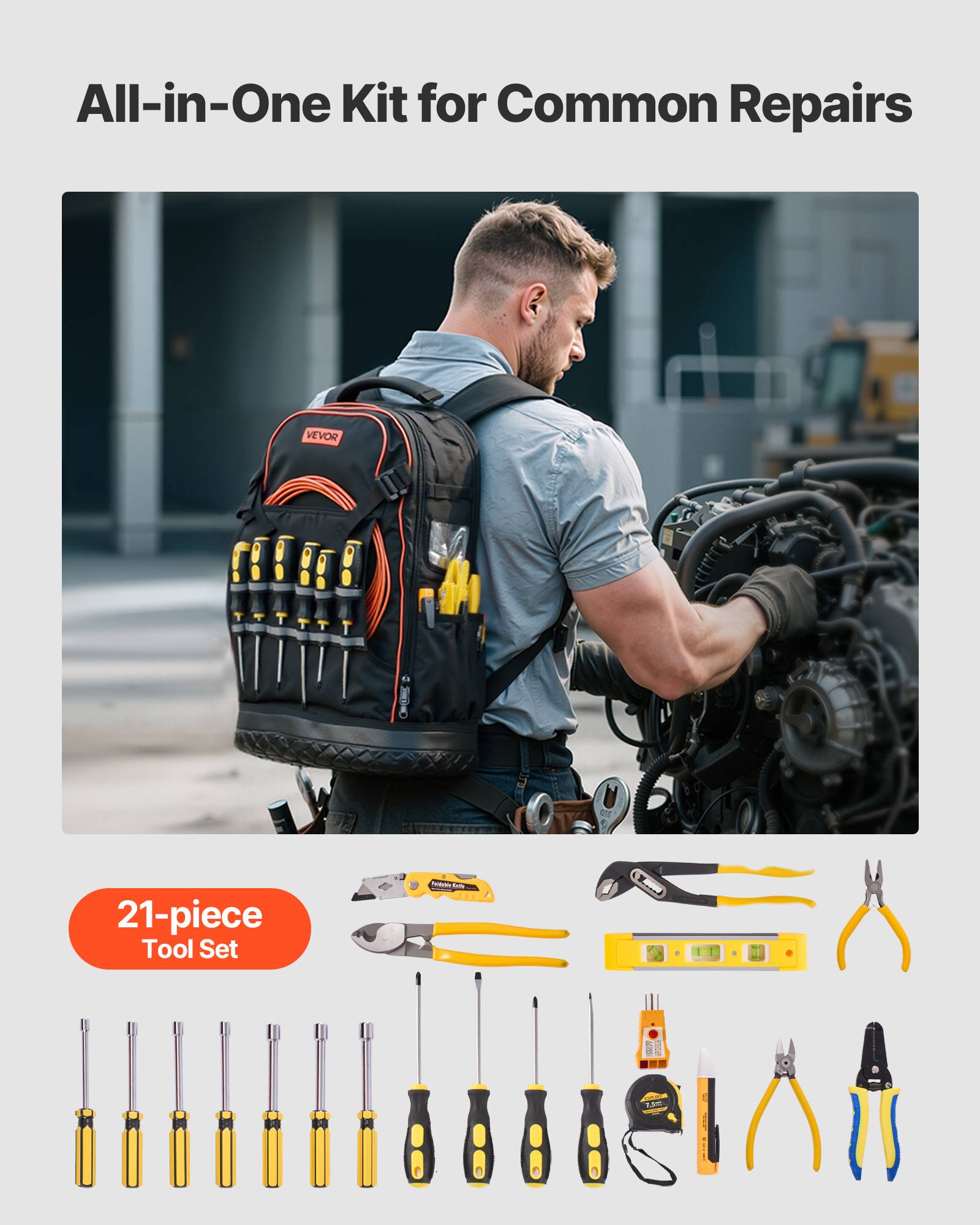 Vevor - VEVOR Sac à dos à outils 37x19,5x52 cm, 65 poches, charge 31,75 kg, base PVC, compartiment PC, sac + trousse 21 pièces pour chantier. - Image 3