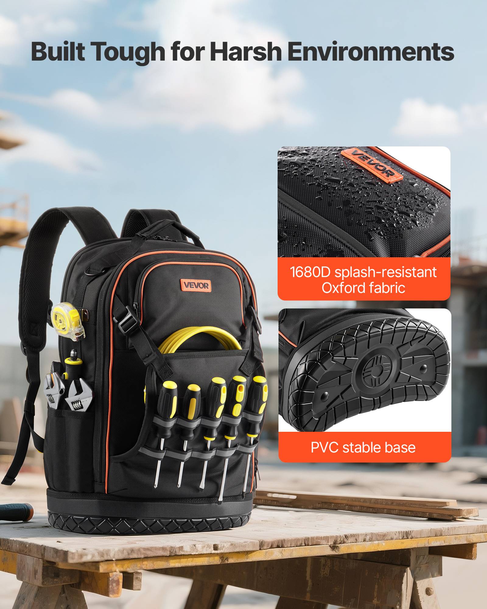 Vevor - VEVOR Sac à dos à outils 37x19,5x52 cm, 65 poches, charge 31,75 kg, base PVC, compartiment PC, sac + trousse 21 pièces pour chantier. - Image 4