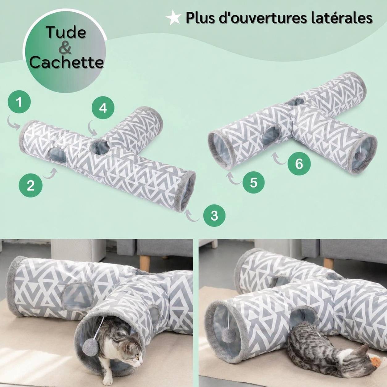 Tunnel Tricouche Peluche Interactif pour Petits Animaux Espaces Cachés et Jeux - Image 4