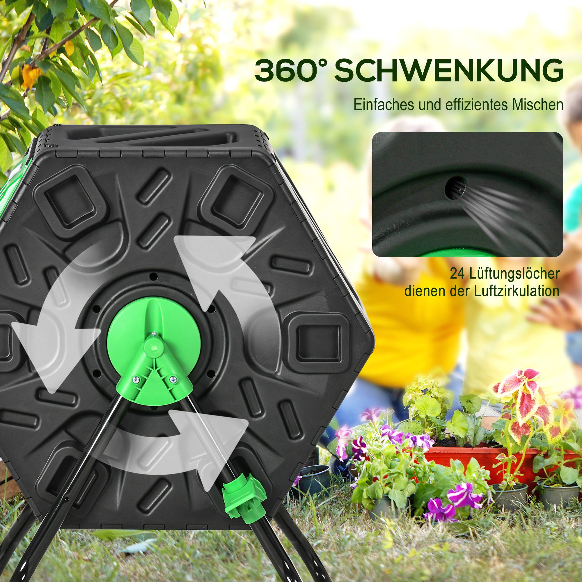 ComfortXL - Composteur Rotatif 65L Plastique Jardin Tambour Aéré 360° Noir Vert - ComfortXL Outdoor Living - Image 5