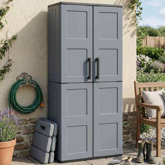 Dmora - Armoire d'extérieur Clavier, Meubles de balcon, Armoire polyvalente avec étagères, 68x37h163 cm, Gris et Noir, Finition damier - Dmora - Image 2