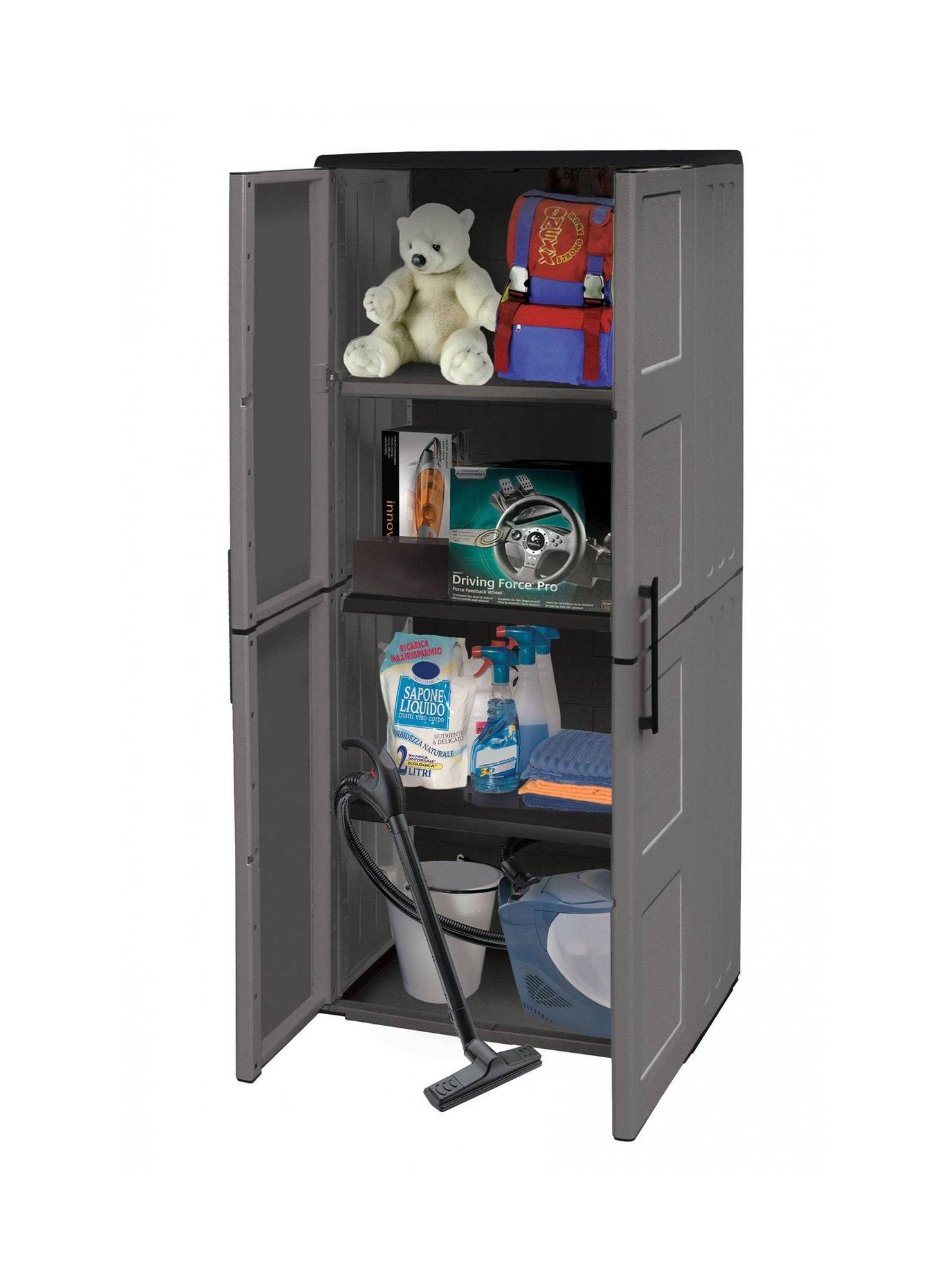 Dmora - Armoire d'extérieur Clavier, Meubles de balcon, Armoire polyvalente avec étagères, 68x37h163 cm, Gris et Noir, Finition damier - Dmora - Image 5