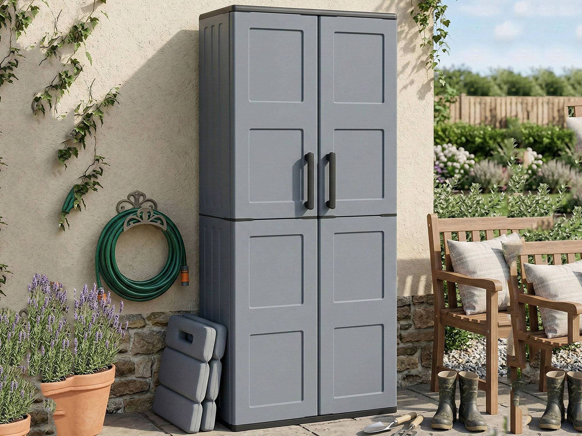 Dmora - Armoire d'extérieur Clavier, Meubles de balcon, Armoire polyvalente avec étagères, 68x37h163 cm, Gris et Noir, Finition damier - Dmora - Image 7