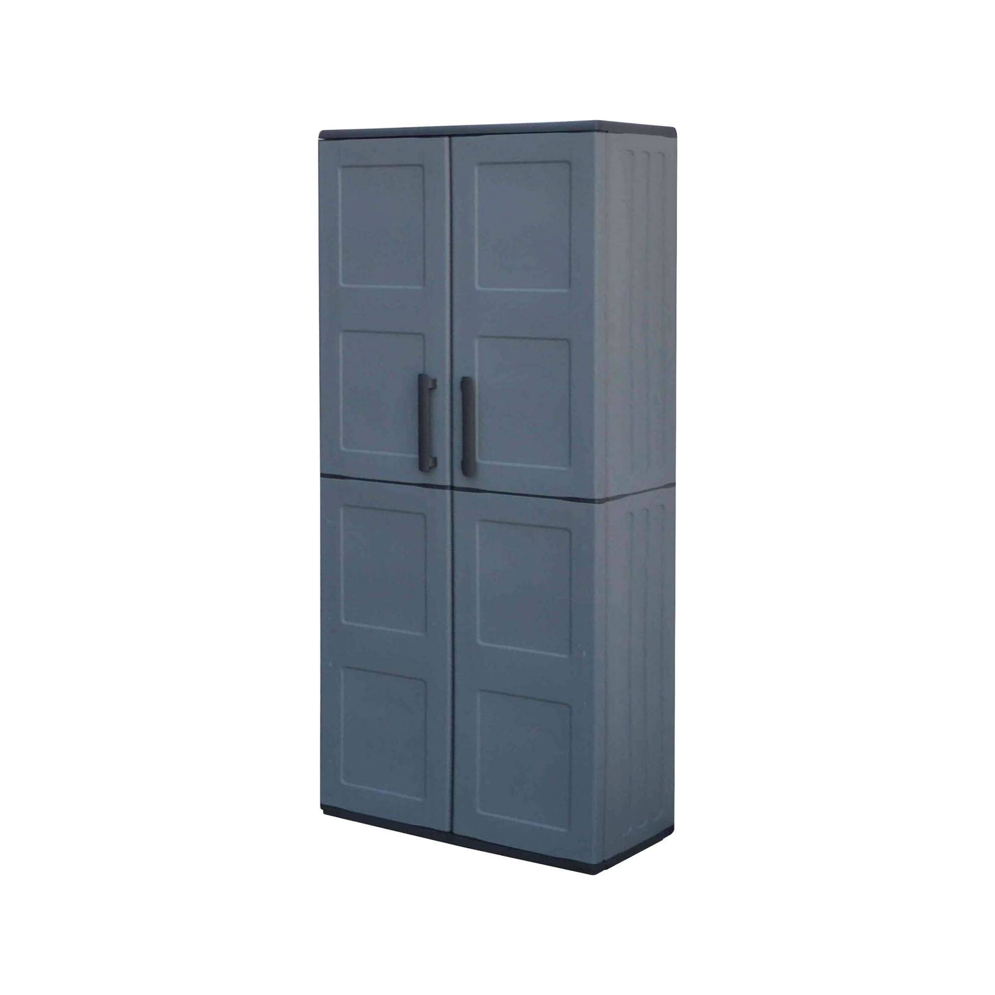 Dmora - Armoire d'extérieur Clavier, Meubles de balcon, Armoire polyvalente avec étagères, 68x37h163 cm, Gris et Noir, Finition damier - Dmora - Image 1