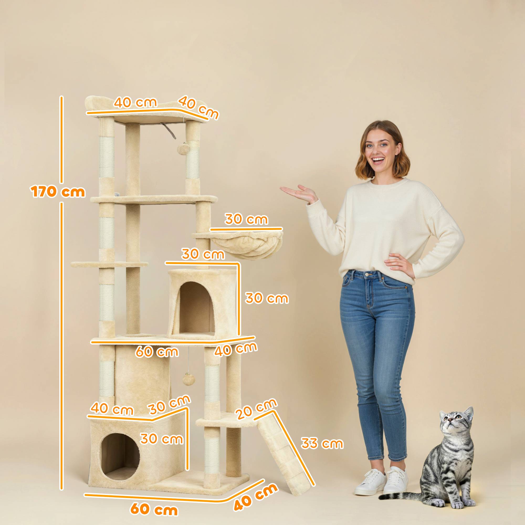 arbre à chat beige 170 cm 7 poteaux tunnel 3 plateformes 2 grottes hamac chat intérieur très grand stable - Image 5