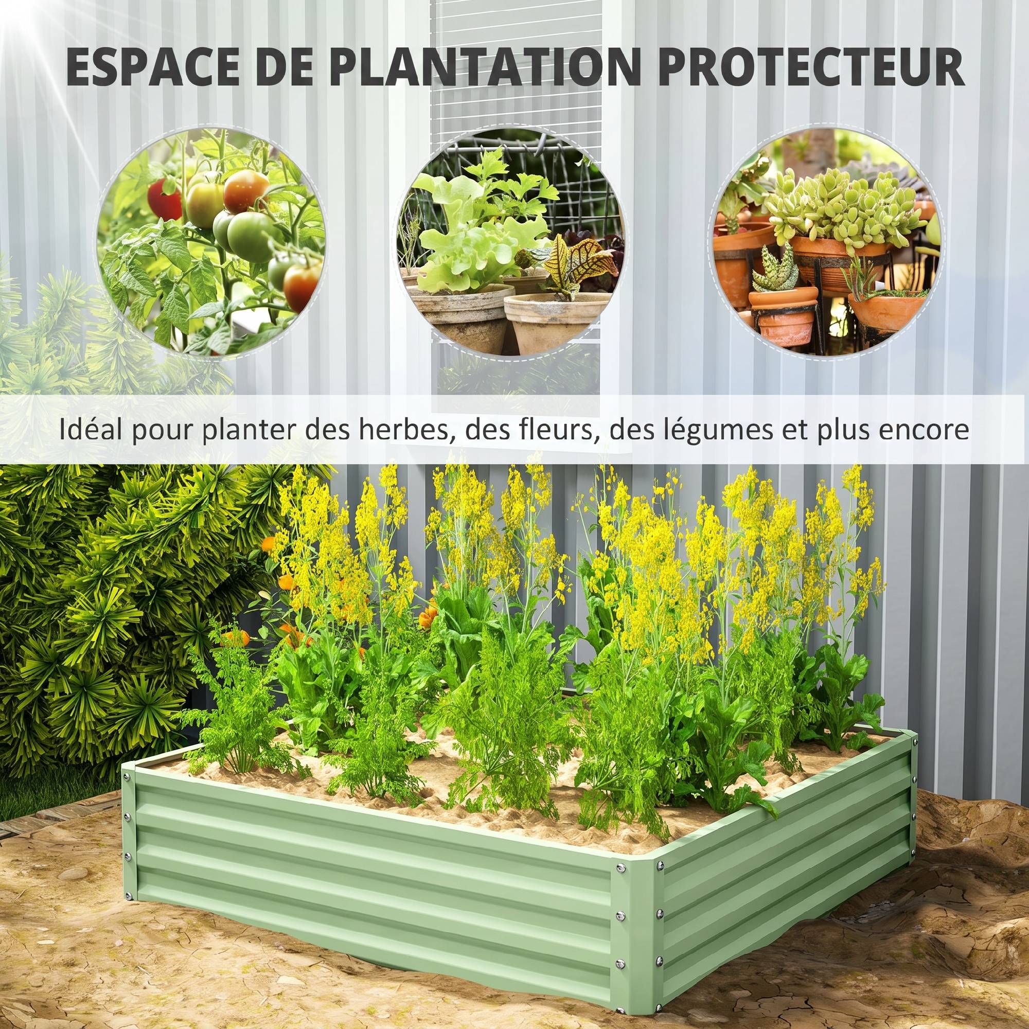 ComfortXL - Carré potager surélevé en acier galvanisé 120 x 120 x 30 cm vert clair pour jardin et serre résistant à la rouille - Image 4