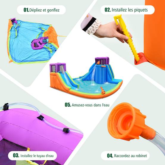 Structure Gonflable, Double Toboggan Aquatique avec 4 Arroseurs et 2 Pistolets à Eau et Piscine à Éclaboussures, avec Mur d'Escalade - Image 5