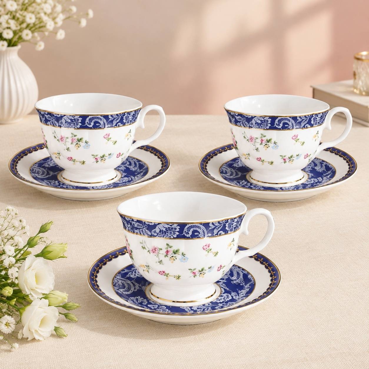 Service à Thé en Porcelaine pour 6 Personnes Motif Rose Bleu et Doré - Image 5