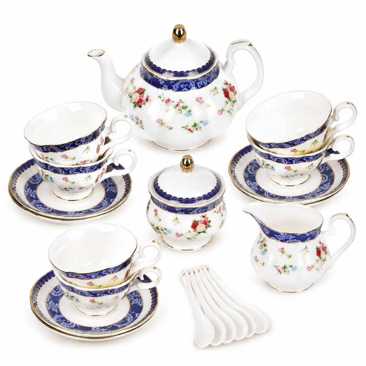 Service à Thé en Porcelaine pour 6 Personnes Motif Rose Bleu et Doré