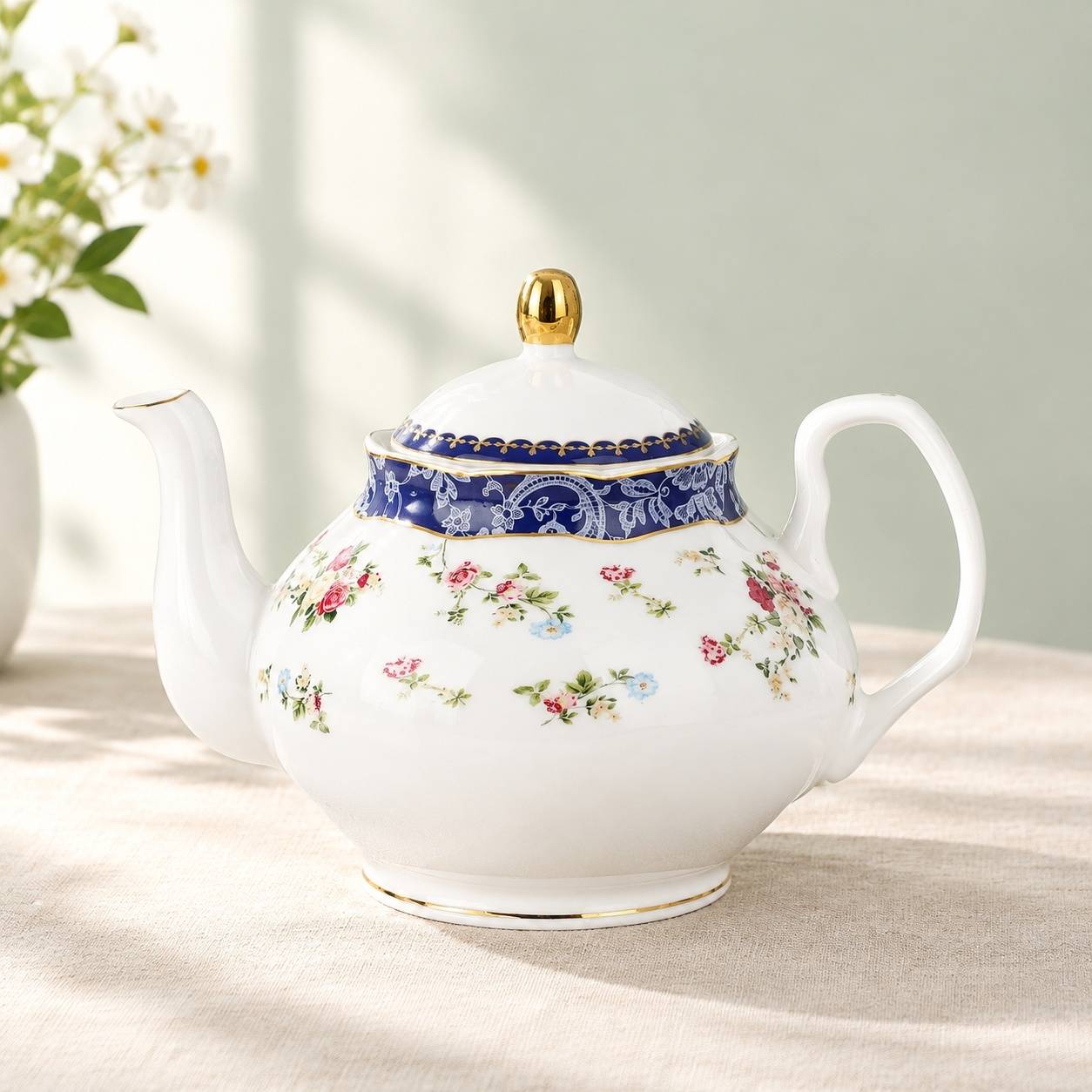 Service à Thé en Porcelaine pour 6 Personnes Motif Rose Bleu et Doré - Image 2