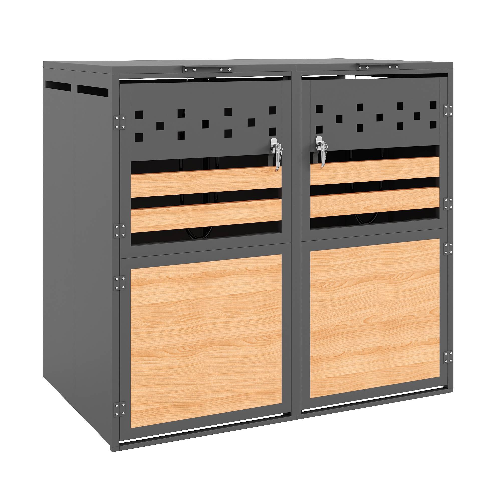 ComfortXL - Cache-poubelle double acier galvanisé extérieur couvercle hydraulique 132x80x120cm gris bois - ComfortXL Outdoor Living - Image 2
