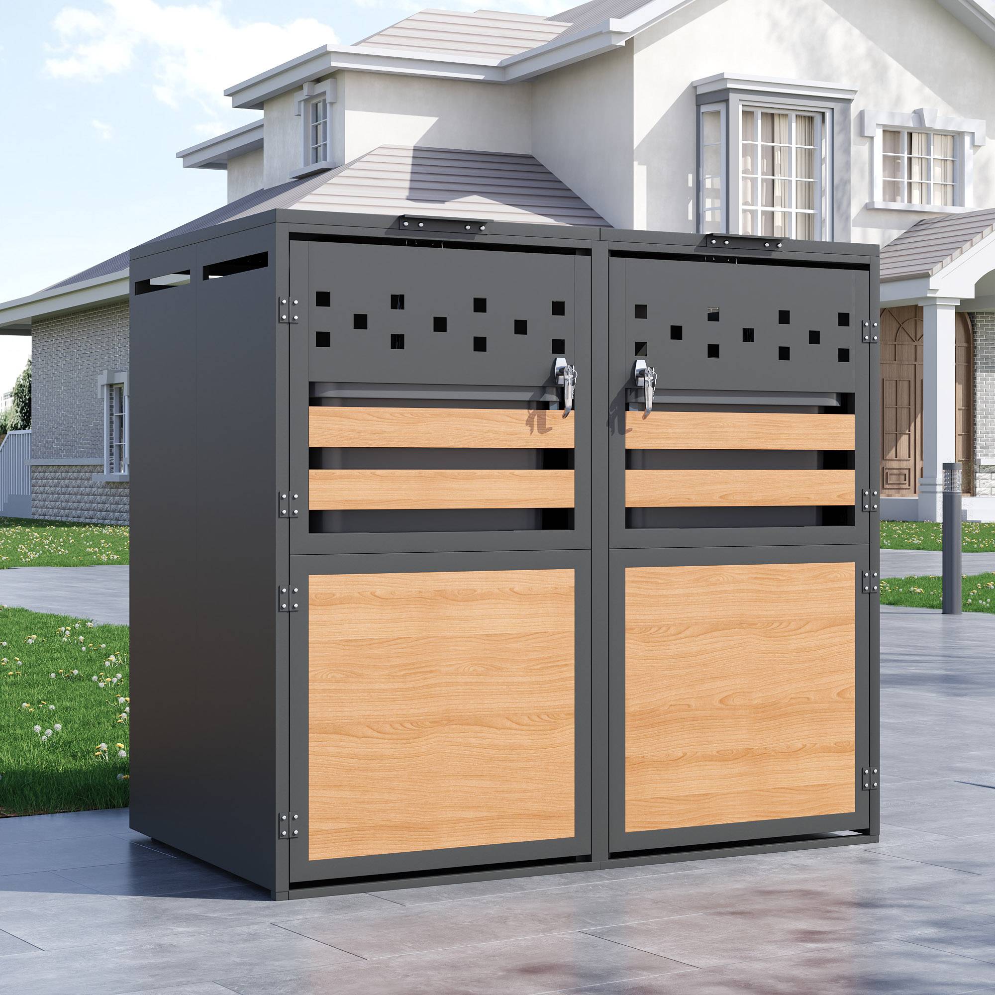 ComfortXL - Cache-poubelle double acier galvanisé extérieur couvercle hydraulique 132x80x120cm gris bois - ComfortXL Outdoor Living - Image 1