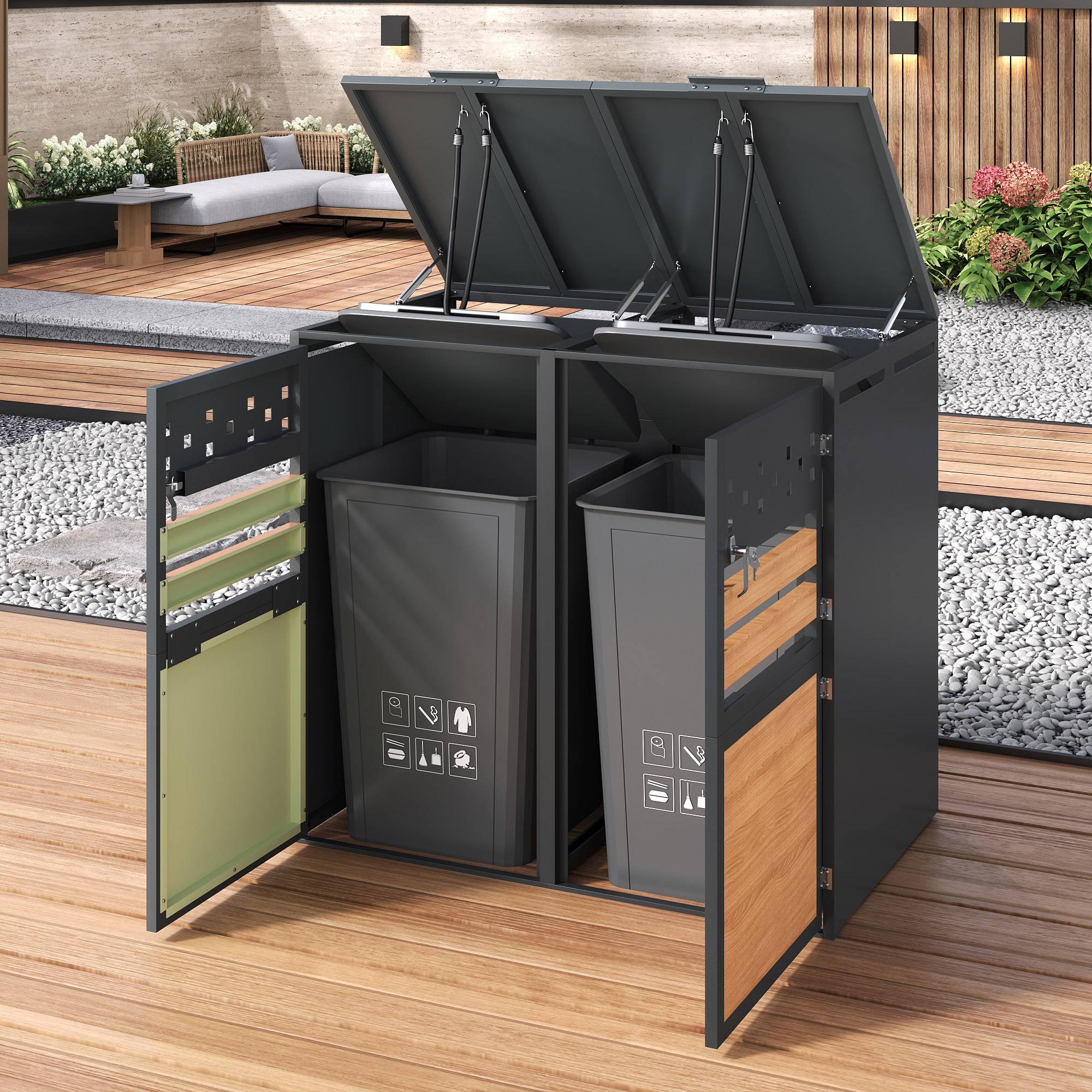 ComfortXL - Cache-poubelle double acier galvanisé extérieur couvercle hydraulique 132x80x120cm gris bois - ComfortXL Outdoor Living - Image 4