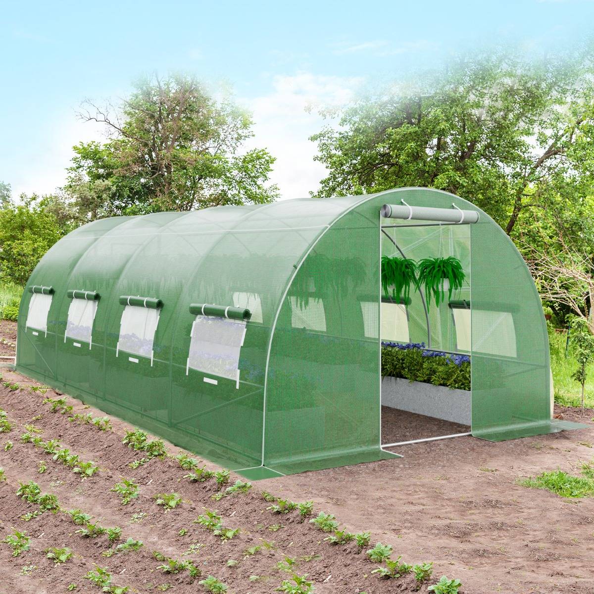 Serre de Jardin 18m² Tunnel Cadre en Acier Galvanisé Robuste Serre Tunnel Coupe-vent avec Cerceau 8 Fenêtres Enroulables Vert MAISON CHIC - Image 5
