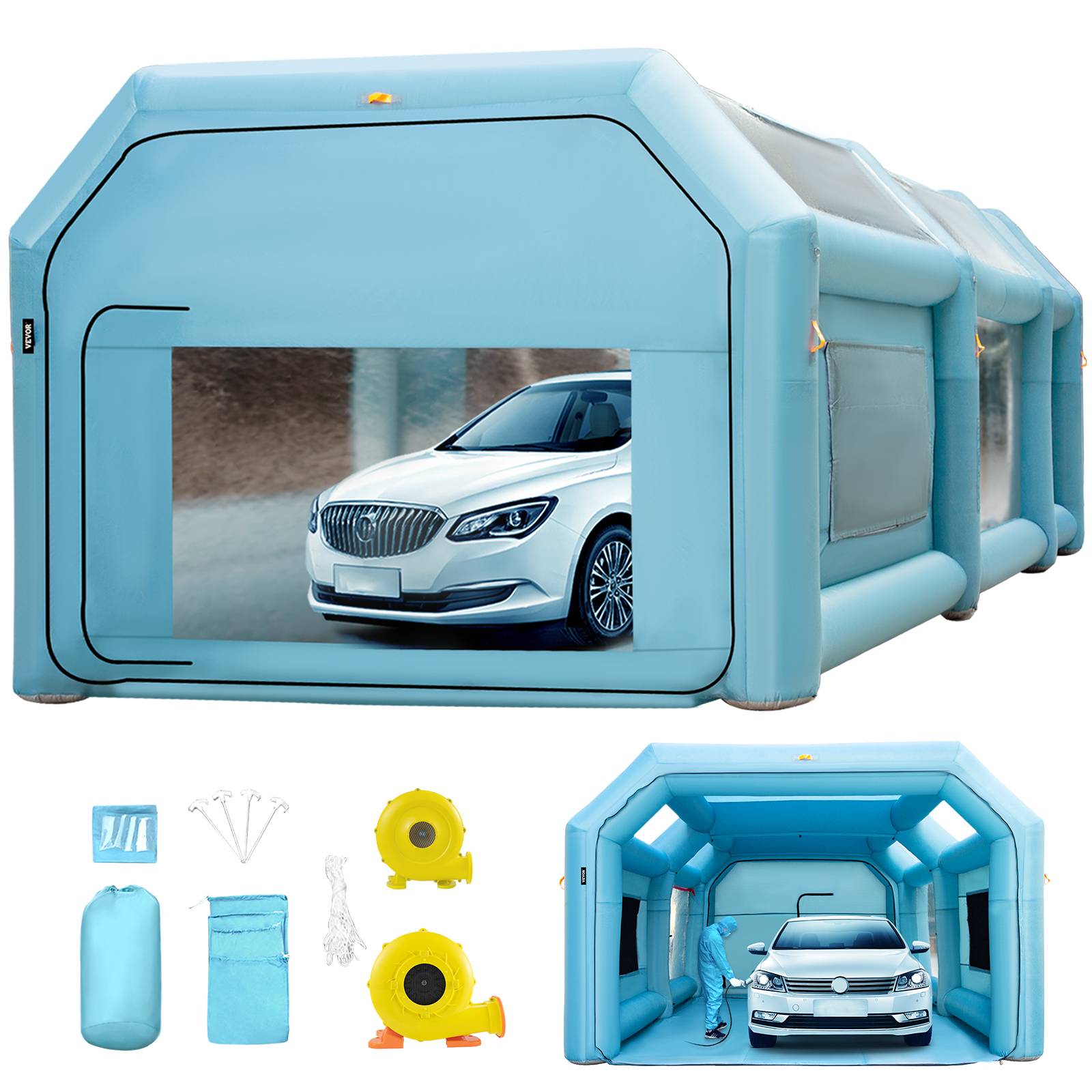 VEVOR Cabine Peinture Voiture 8x4x3m, Tente Gonflable Oxford 210D, Souffleurs 950W+330W, pour atelier/camping. - Image 1