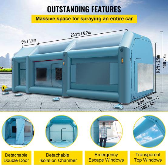 VEVOR Cabine Peinture Voiture 8x4x3m, Tente Gonflable Oxford 210D, Souffleurs 950W+330W, pour atelier/camping. - Image 4