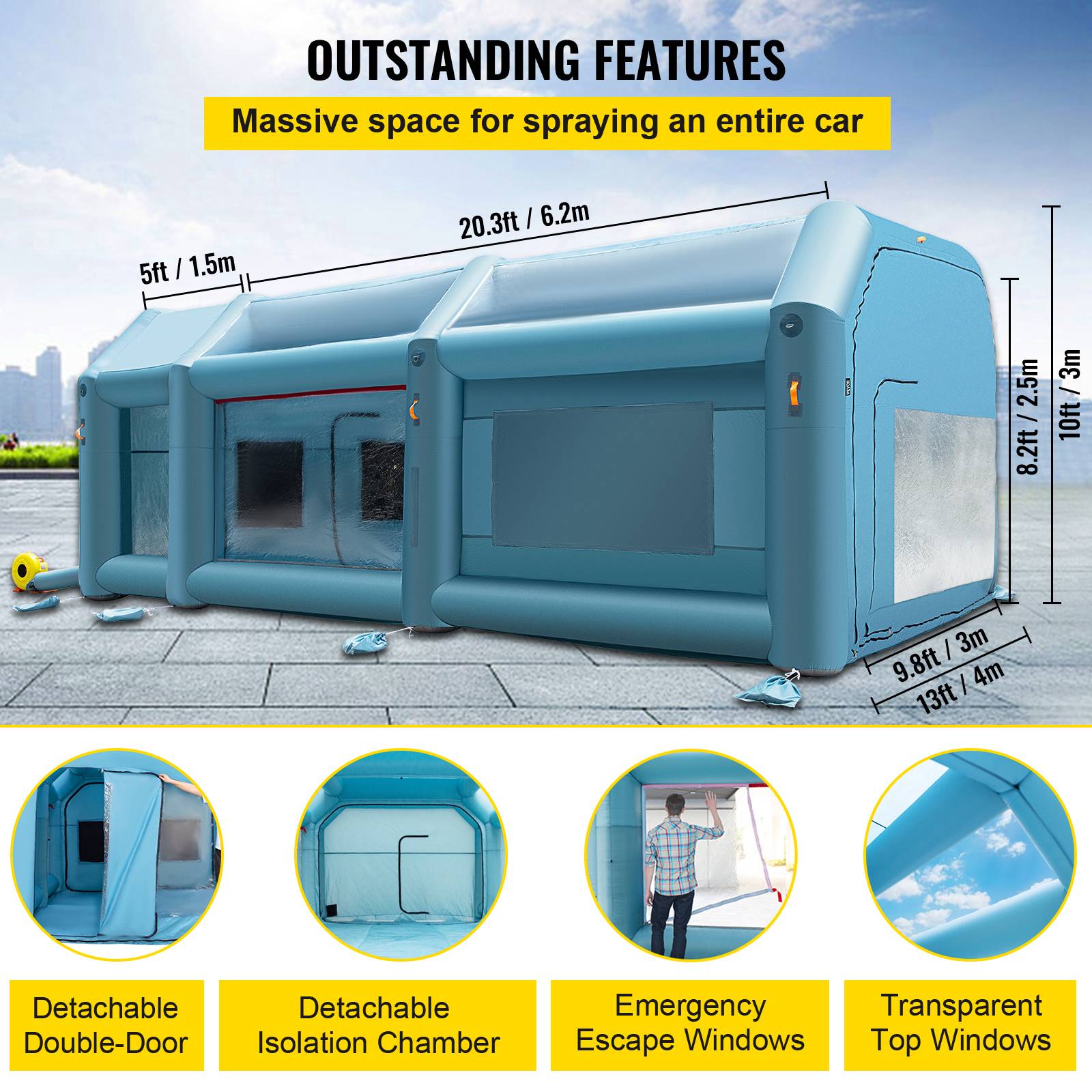 VEVOR Cabine Peinture Voiture 8x4x3m, Tente Gonflable Oxford 210D, Souffleurs 950W+330W, pour atelier/camping. - Image 4
