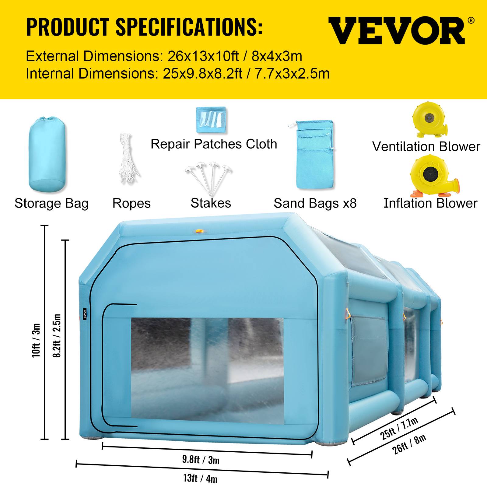 VEVOR Cabine Peinture Voiture 8x4x3m, Tente Gonflable Oxford 210D, Souffleurs 950W+330W, pour atelier/camping. - Image 7