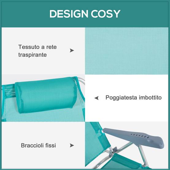 Lot de 2 chaises de camping pliantes et inclinables à 6 positions, en aluminium et mousse, 62 x 65 x 80 cm, gris et bleu - Image 8