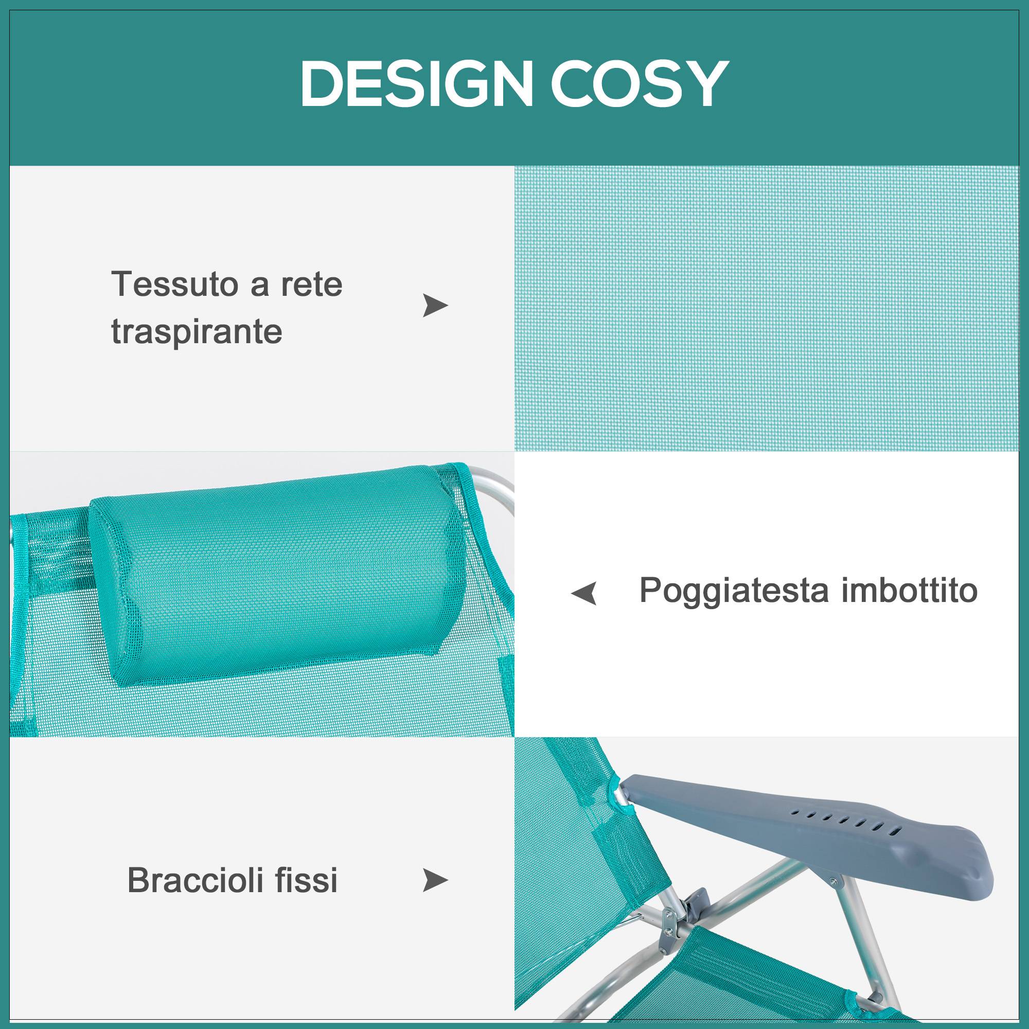 Lot de 2 chaises de camping pliantes et inclinables à 6 positions, en aluminium et mousse, 62 x 65 x 80 cm, gris et bleu - Image 8