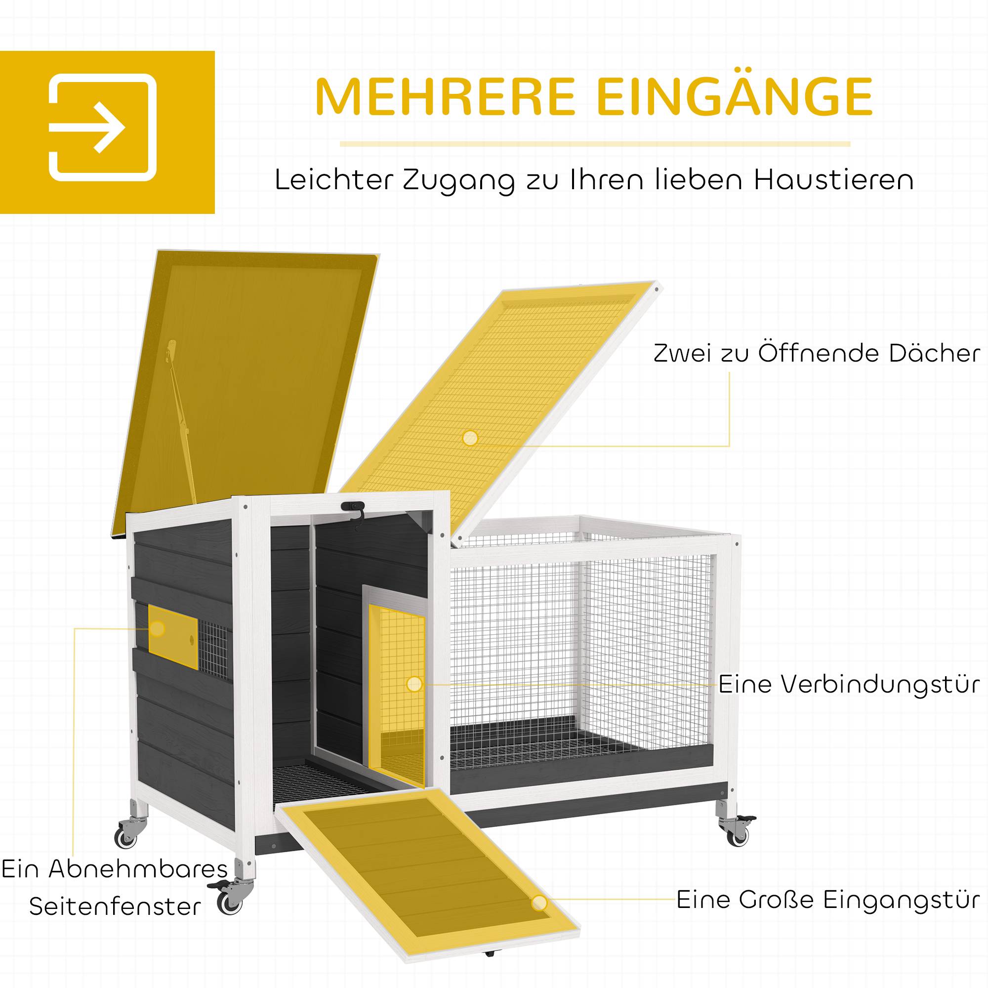 Cage lapins bois avec enclos, roues, toit ouvrant, intérieur/extérieur, 92 x 52 x 67 cm, gris foncé - Image 7