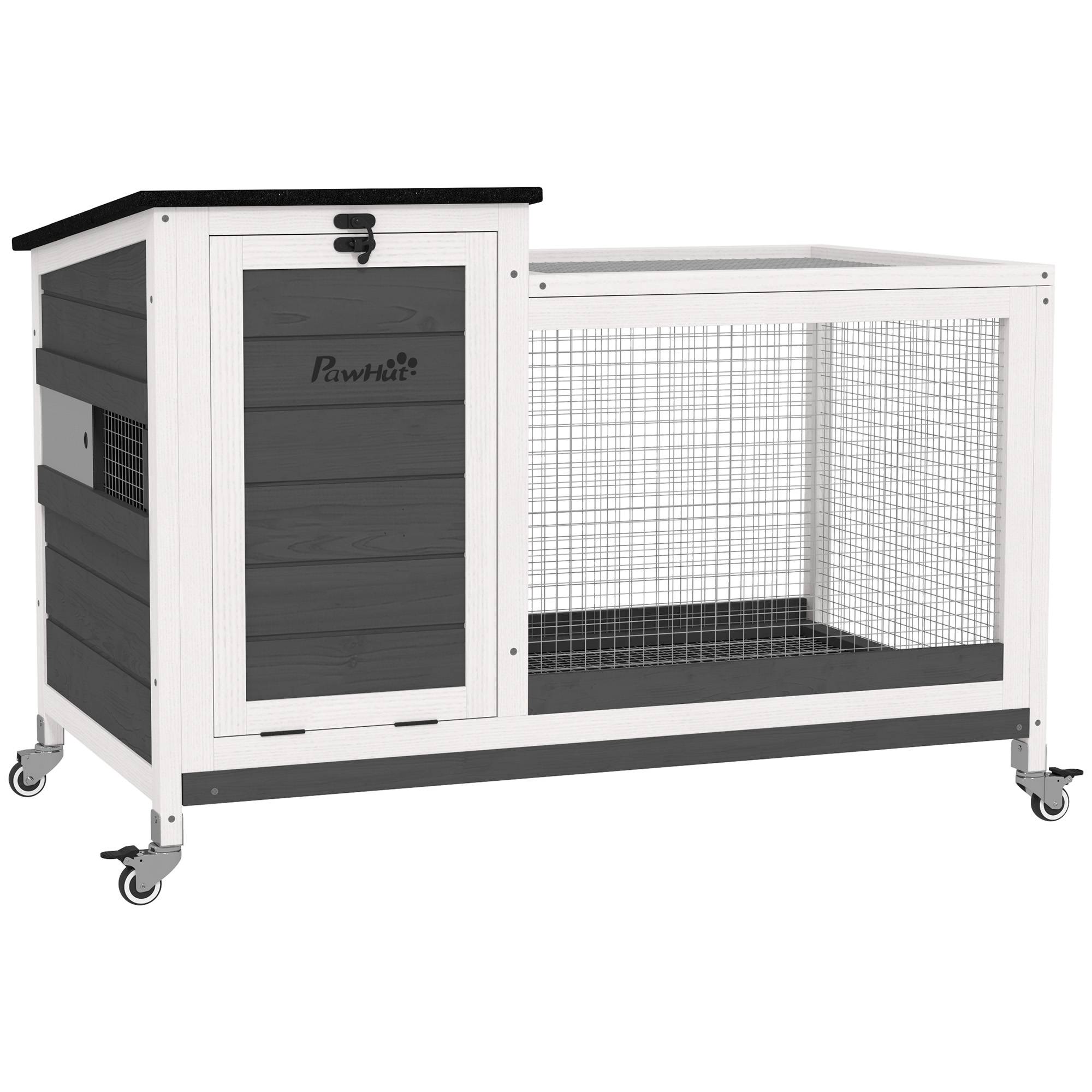 Cage lapins bois avec enclos, roues, toit ouvrant, intérieur/extérieur, 92 x 52 x 67 cm, gris foncé - Image 2